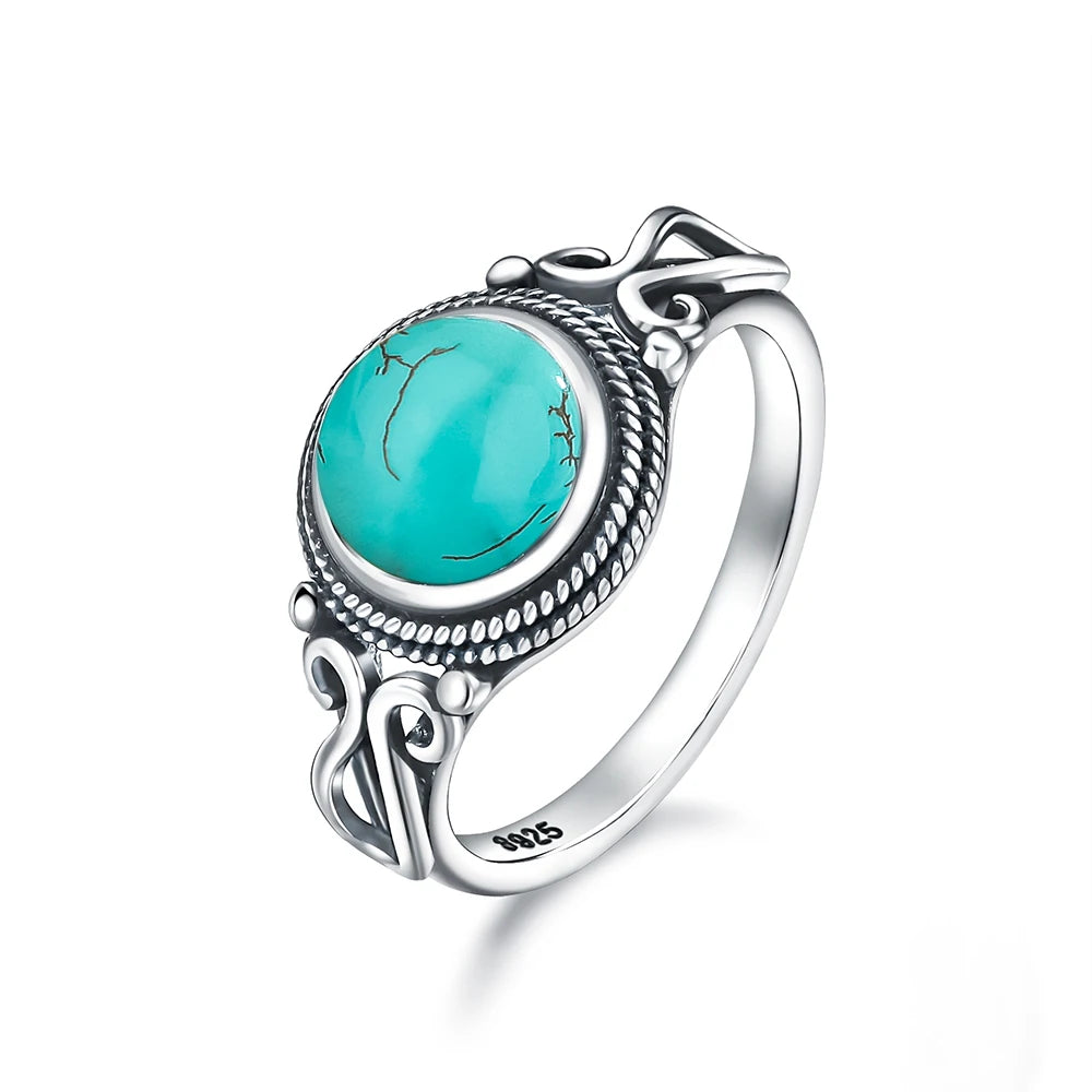 Anillo de plata 925 vintage con piedra redonda de turquesa