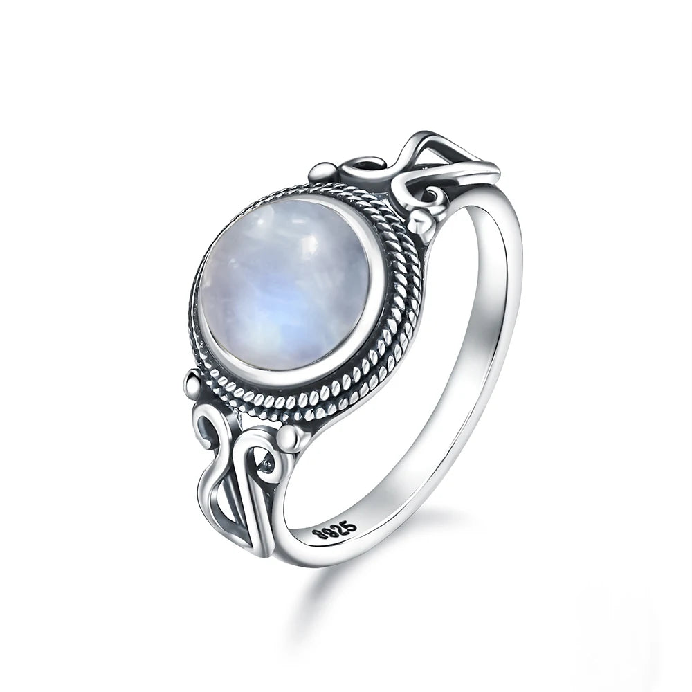 Anillo de plata 925 vintage con piedra redonda de piedra luna