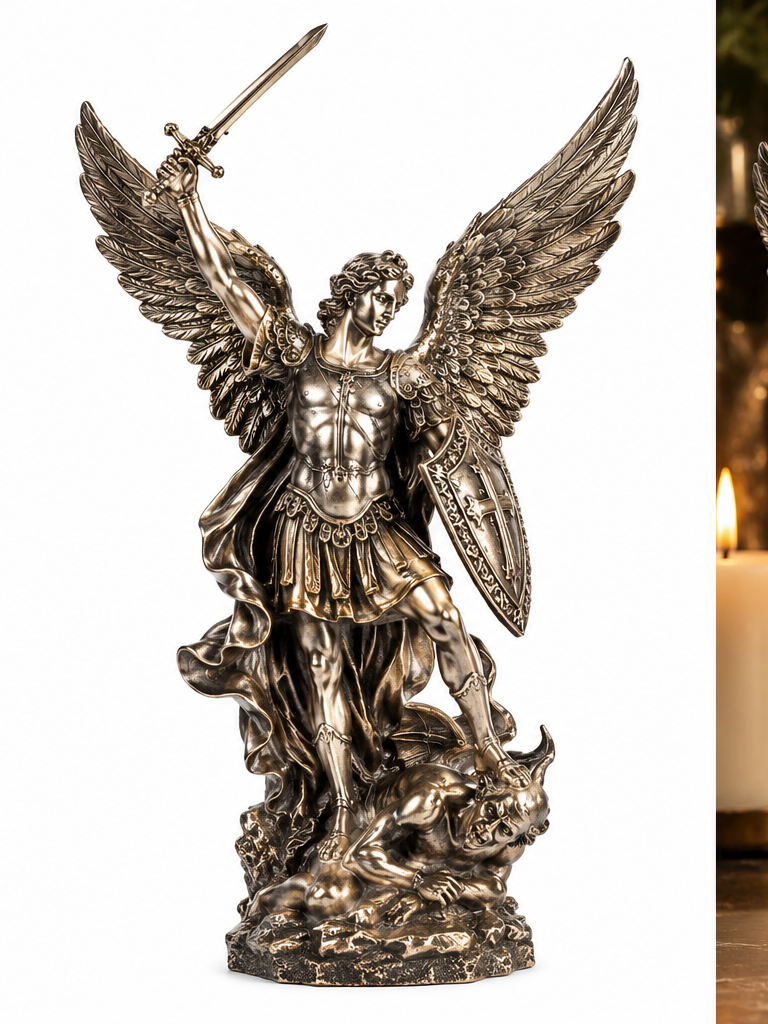 Estatua del arcángel Miguel en resina con acabado envejecido
